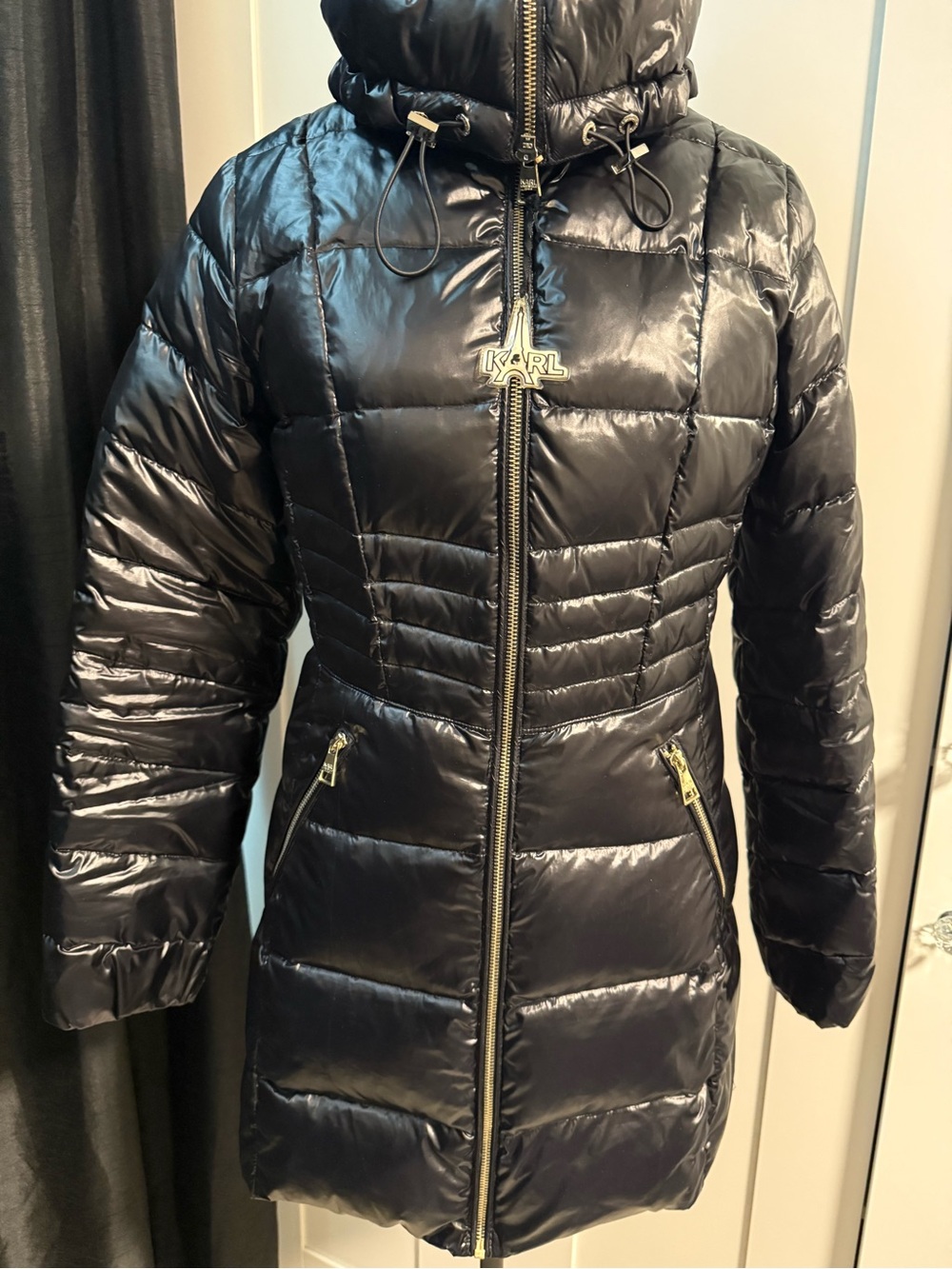 Karl Lagerfeld Shiny Black Quilted Hooded Puffer Coat XSmall